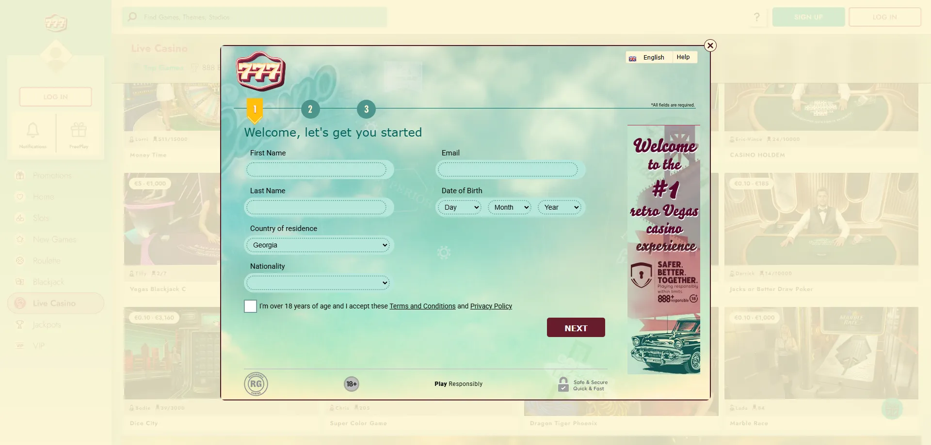 Step by step registration at 777 Casino online account sign up