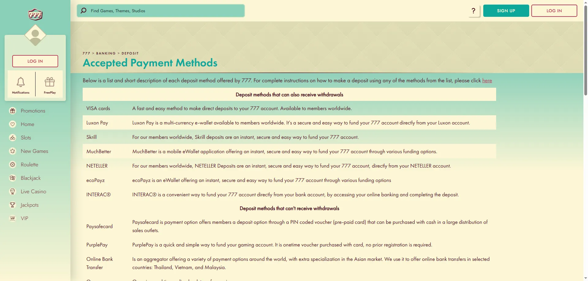 777 Casino payment methods deposit and withdrawal options