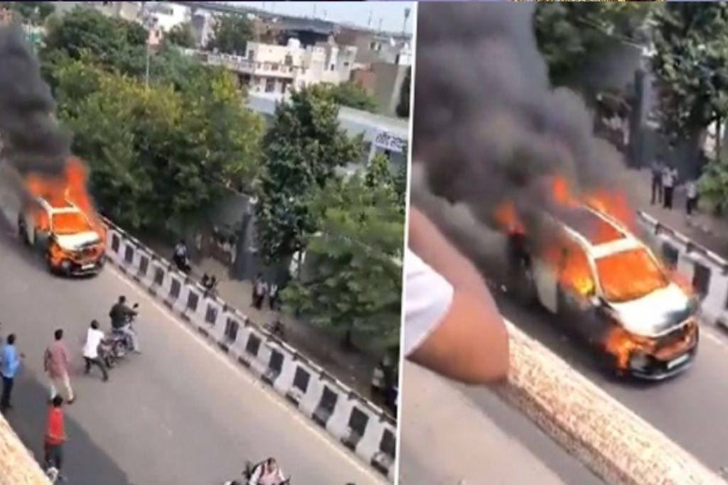 Burning car: सड़क पर दौड़ रही थी बर्निंग कार, जान बचाने के लिए भाग रहे थे लोग